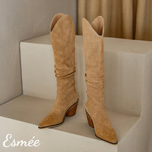 Load image into Gallery viewer, Camel-Suede-Cowboy-Long-Boots-with-Block-Heels-product-shots