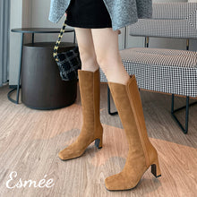 Load image into Gallery viewer, Camel-Suede-Leather-Long-Boots-with-Block-Heels-model-shots