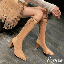 Load image into Gallery viewer, Camel-Suede-Long-Boots-with-Special-Designed-Collar-model-shots