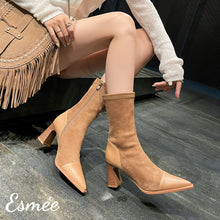 Load image into Gallery viewer, Camel-Suede-Mid-Boots-with-Leather-Toe-and-Heel-Cap-model-shots