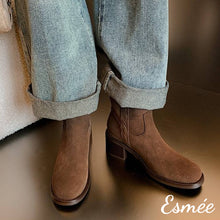 將圖片載入圖庫檢視器 Caramel-Suede-High-Heel-Ankle-Boots-with-Side-Embroidery-Design-model-shots