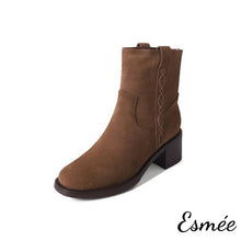 將圖片載入圖庫檢視器 Caramel-Suede-High-Heel-Ankle-Boots-with-Side-Embroidery-Design-product-shots-white-background