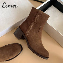將圖片載入圖庫檢視器 Caramel-Suede-High-Heel-Ankle-Boots-with-Side-Embroidery-Design-product-shots