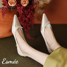 Load image into Gallery viewer, Champagne-Dual-Color-Pointy-Toe-High-Heels-with-Pearl-Design-model-shots