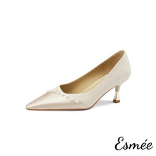 Load image into Gallery viewer, Champagne-Dual-Color-Pointy-Toe-High-Heels-with-Pearl-Design-product-shots-white-background