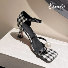 Load image into Gallery viewer, Checkered-Fabrics-High-Heel-Sandals-with-Pearl-Design-product-shots