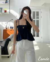 Load image into Gallery viewer, Dark-Blue-Ruffled-Cotton-Top-model-shots-1