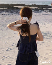 Load image into Gallery viewer, Dark-Blue-Ruffled-Cotton-Top-model-shots-2