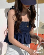 Load image into Gallery viewer, Dark-Blue-Ruffled-Cotton-Top-model-shots