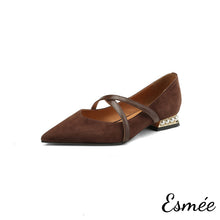 Load image into Gallery viewer, Dark-Brown-Suede-Flats-wtih-X-Straps-and-Pearl-Heels-product-shots-white-background