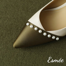 Load image into Gallery viewer, Darkish-Green-Dual-Color-Pointy-Toe-High-Heels-with-Pearl-Design-product-shots-detail