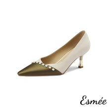 Load image into Gallery viewer, Darkish-Green-Dual-Color-Pointy-Toe-High-Heels-with-Pearl-Design-product-shots-white-background