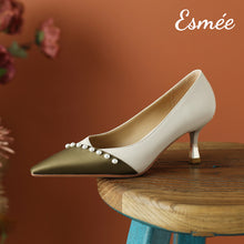 Load image into Gallery viewer, Darkish-Green-Dual-Color-Pointy-Toe-High-Heels-with-Pearl-Design-product-shots