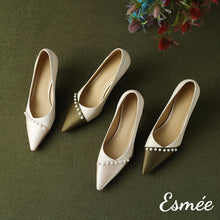 Load image into Gallery viewer, Dual-Color-Pointy-Toe-High-Heels-with-Pearl-Design-product-shots