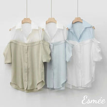 Load image into Gallery viewer, Dual-Color-Shirt-with-Off-Shoulder-Design-product-shots