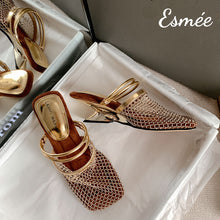將圖片載入圖庫檢視器 Gold-Leather-High-Heel-Mules-with-Net-Design-product-shots