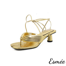 Load image into Gallery viewer, Gold-Leather-High-Heel-Sandals-with-Cloven-Design-product-shots-white-background