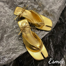 Load image into Gallery viewer, Gold-Leather-High-Heel-Sandals-with-Cloven-Design-product-shots