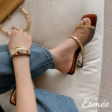 將圖片載入圖庫檢視器 Gold-Leather-High-Heel-Sandals-with-Net-Design-model-shots