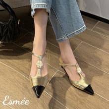 Load image into Gallery viewer, Gold-Leather-High-Heel-T-Straps-with-Flower-Design-and-Black-Toe-Cap-model-shots