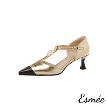 Load image into Gallery viewer, Gold-Leather-High-Heel-T-Straps-with-Flower-Design-and-Black-Toe-Cap-product-shots-white-background