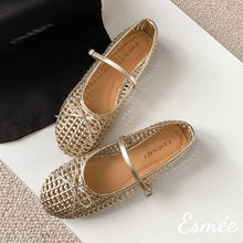 Load image into Gallery viewer, Gold-Leather-Maryjanes-with-Woven-Design-product-shots