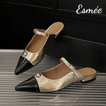 將圖片載入圖庫檢視器 Gold-Leather-Mules-with-Black-Toe-Cap-product-shots