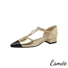 將圖片載入圖庫檢視器 Gold-Leather-T-Straps-with-Flower-Design-and-Black-Patent-Leather-Toe-Cap-product-shots-white-background