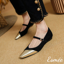 將圖片載入圖庫檢視器 Gold-Suede-Maryjanes-with-Hedge-Heels-and-Metallic-Toe-Cap-model-shots