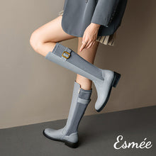 Load image into Gallery viewer, Gray-Blue-Leather-Long-Boots-with-Ribbon-and-Metal-Buckle-Design-model-shots