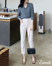 將圖片載入圖庫檢視器 Grayish-Blue-Korean-Chiffon-Blouse-with-Lapel-Design-model-shots