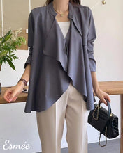 將圖片載入圖庫檢視器 Grayish-Blue-Korean-Chiffon-Waterfall-Blazer-model-shots