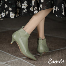 Load image into Gallery viewer, Green-Leather-Ankle-Boots-with-Kitten-Heels-model-shots