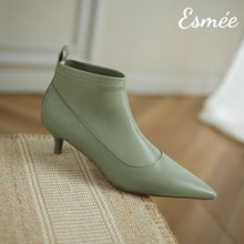 Load image into Gallery viewer, Green-Leather-Ankle-Boots-with-Kitten-Heels-product-shots