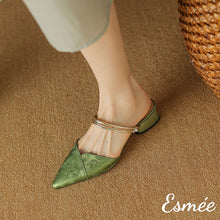 將圖片載入圖庫檢視器 Green-Patterned-Fabrics-High-Heel-Mules-with-Metallic-Double-Straps-model-shots