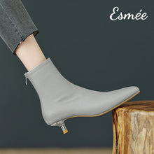 將圖片載入圖庫檢視器 Grey-Leather-Ankle-Boots-with-Transparent-Kitten-Heels-model-shots