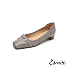 Load image into Gallery viewer, Grey-Leather-Flats-with-Bow-Knot-and-Peep-Toe-Design-product-shots-white-background