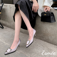 Load image into Gallery viewer, Grey-Silk-High-Heels-with-Metal-Buckle-model-shots
