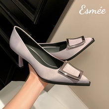 Load image into Gallery viewer, Grey-Silk-High-Heels-with-Metal-Buckle-product-shots