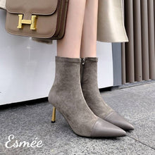 Load image into Gallery viewer, Grey-Suede-High-Heel-Ankle-Boots-with-Leather-Toe-Cap-model-shots