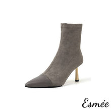 Load image into Gallery viewer, Grey-Suede-High-Heel-Ankle-Boots-with-Leather-Toe-Cap-product-shots-white-background