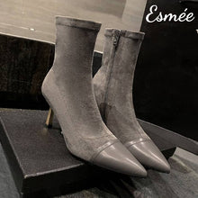 Load image into Gallery viewer, Grey-Suede-High-Heel-Ankle-Boots-with-Leather-Toe-Cap-product-shots