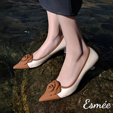 Load image into Gallery viewer, Ivory-Brown-Dual-Color-Leather-High-Heels-with-Rose-Bud-Design-model-shots