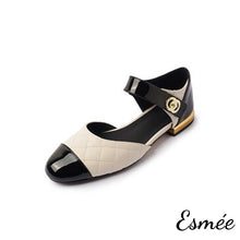 Load image into Gallery viewer, Ivory-Checkered-Leather-Sandals-with-Patent-Leather-Toe-Cap-and-Ankle-Straps-product-shots-white-background