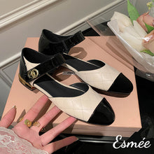 Load image into Gallery viewer, Ivory-Checkered-Leather-Sandals-with-Patent-Leather-Toe-Cap-and-Ankle-Straps-product-shots