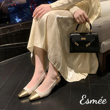 將圖片載入圖庫檢視器 Ivory-Frabrics-High-Heel-Slingback-with-Golden-Toe-Cap-model-shots