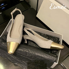 將圖片載入圖庫檢視器 Ivory-Frabrics-High-Heel-Slingback-with-Golden-Toe-Cap-product-shots