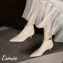 Load image into Gallery viewer, Ivory-Leather-Ankle-Boots-with-Kitten-Heels-model-shots