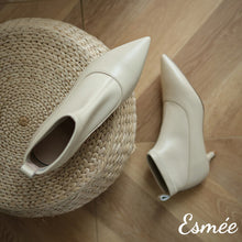 Load image into Gallery viewer, Ivory-Leather-Ankle-Boots-with-Kitten-Heels-product-shots
