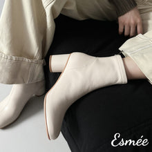 Load image into Gallery viewer, Ivory-Leather-Ankle-Boots-with-Round-Toe-and-Cylinder-Heels-model-shots